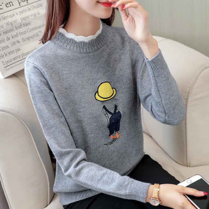 Women's Round Neck Short Sweater Solid Color High Collar Print Sweater Spring and Autumn Sweater