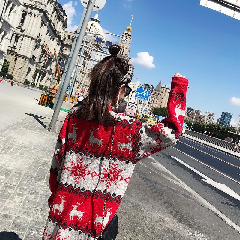Super Long Pullover Sweater Women Autumn and Winter Fawn Print Red Christmas Sweater Loose Base Knitted Sweater Dress