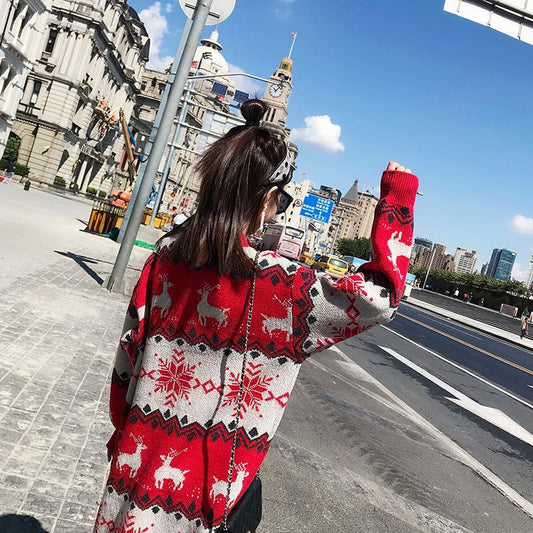 Super Long Pullover Sweater Women Autumn and Winter Fawn Print Red Christmas Sweater Loose Base Knitted Sweater Dress