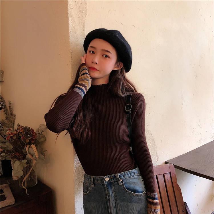 Slim Long-sleeved Turtleneck Sweater Women's Pullover Knitted Bottoming Striped Sweater