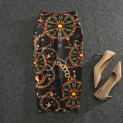 European Women Autumn Print Pencil Skirt High Stretch  Midi Slipt Hip Skirt Female