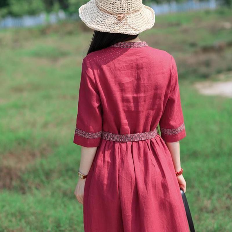 M-XXXXL Plus Size Ethnic Style Dress Linen Print Retro Cheongsam Round Neck Button Closure Dress with Belt