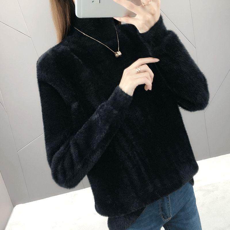 Pofulove Women Silmulated Mink Cashmere Base Sweater Turtleneck Knitted Casual Pullover Top Jumper
