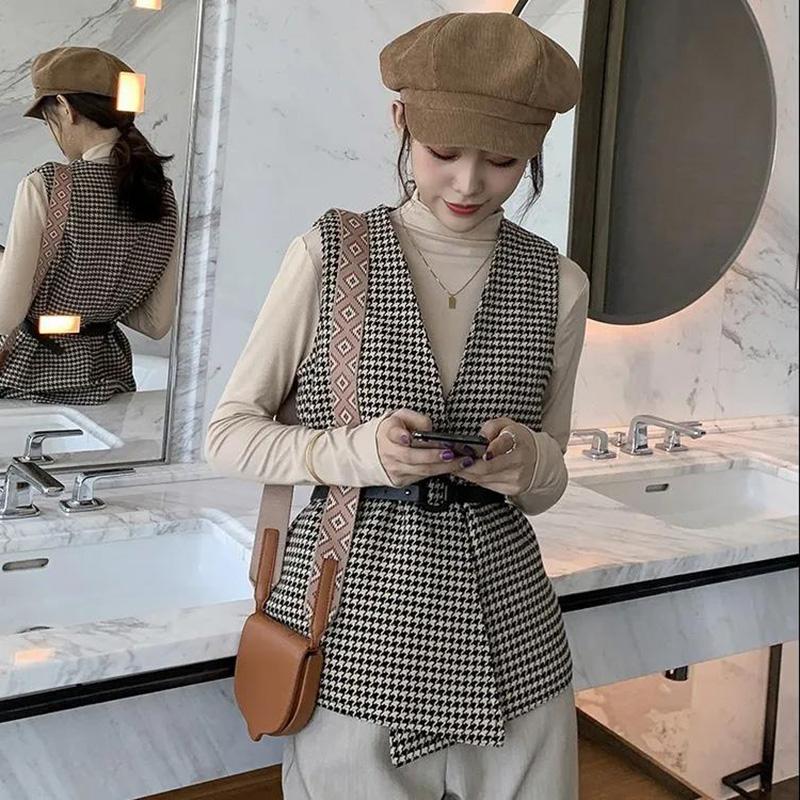 Houndstooth Women's Vest Sleeveless Spring and Autumn Casual Coat Waistcoats with Belt