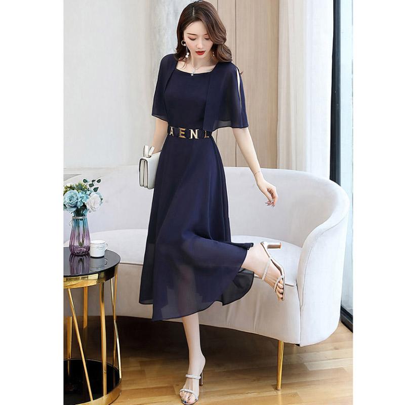 Spring Summer Chiffon Dress Female Short-sleeved Round Neck Mid-length Solid Color Over-the-knee Long Skirt Waist Is Thin