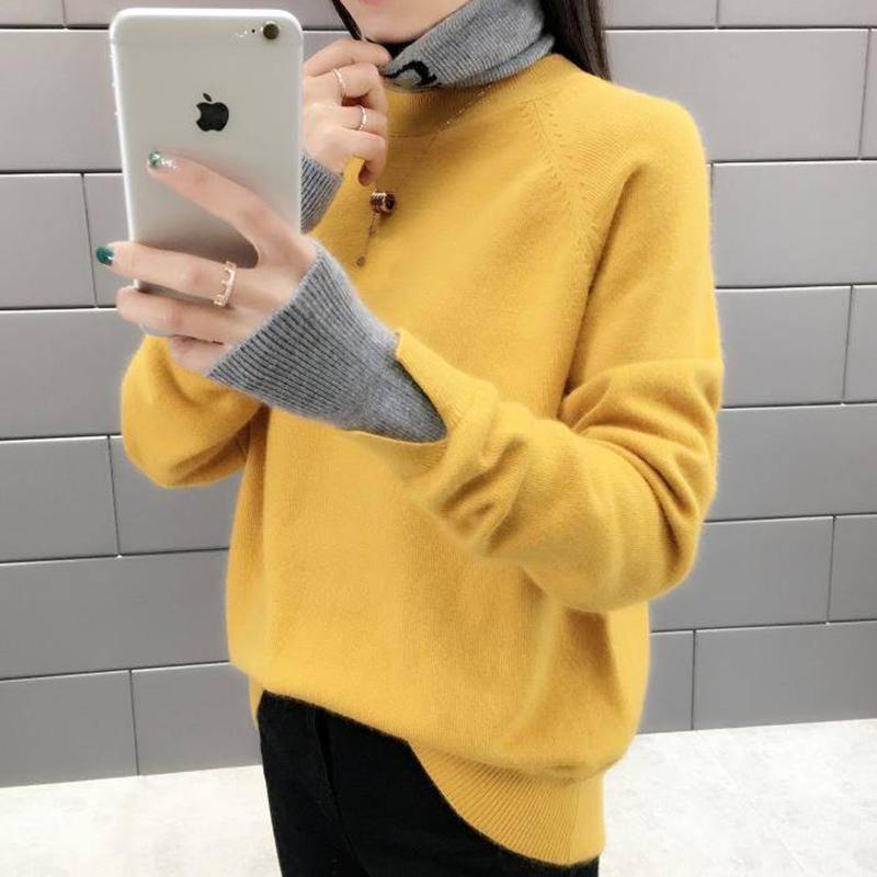 Pofulove Sweater Women Turtleneck Loose Fashion Autumn Winter Base Shirt Fake Two-piece Jacket Knit