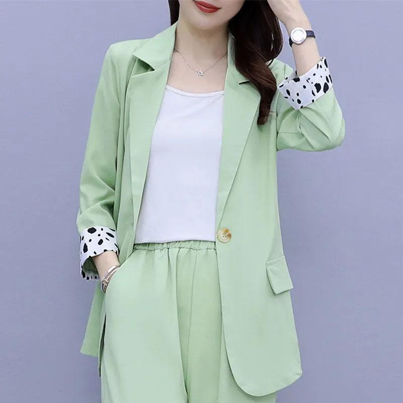 2PCS Women's Solid Color Suits Set Spring and Autumn Suit Thin Jacket + Loose Casual Pants Two-piece Large Size Fat Girl Slimming Suit