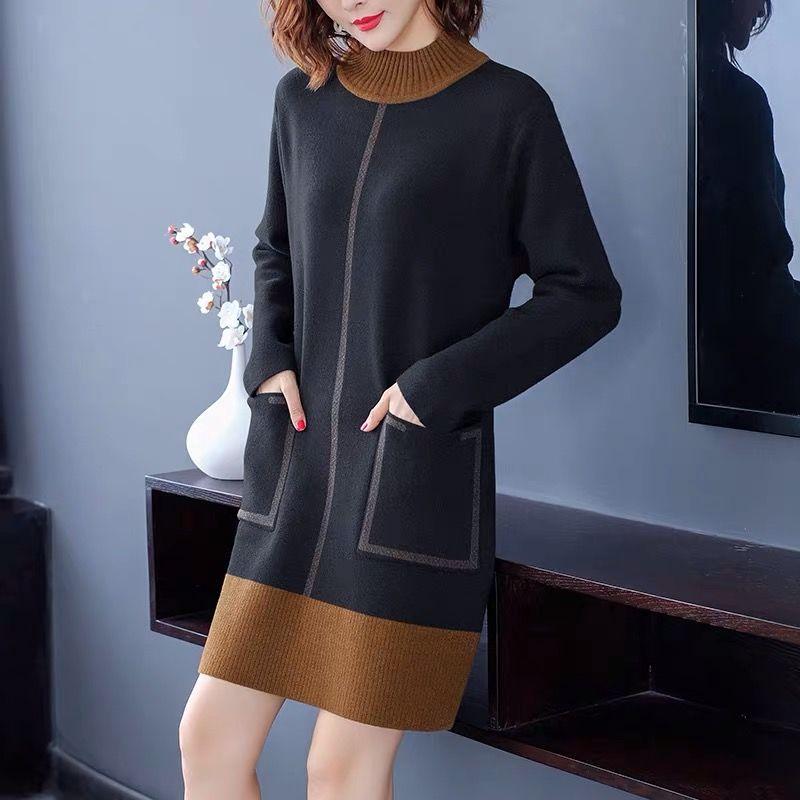 Autumn Winter High Quality Contrast Color Sweater Dress Women Knit Dress Long Loose Pullover Sweater Dress with Pockets for Inner or Outer Wear