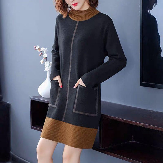 Autumn Winter High Quality Contrast Color Sweater Dress Women Knit Dress Long Loose Pullover Sweater Dress with Pockets for Inner or Outer Wear