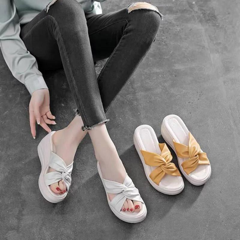 Leather Wedge Slippers Ladies Thick Sole Outer Wear Fashion Summer Flip High Heel Beach Sandals