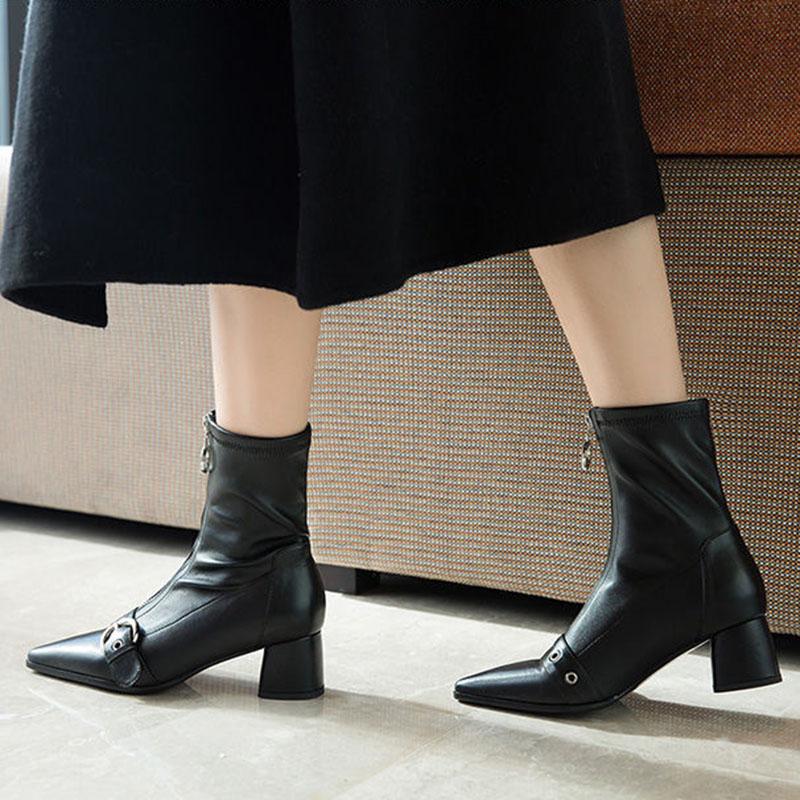 Sexy Elastic High Boots Pointed Toe Boots Zipper Chunky Heel Leather Knee-high Boots Winter
