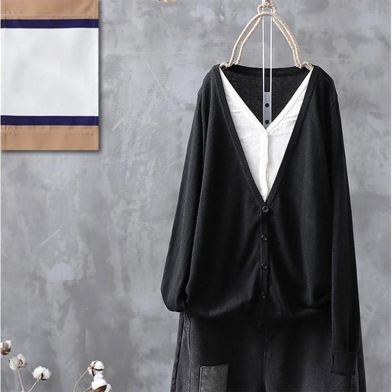 Splicing Fake Two-piece Knitted Sweater Women's Casual Cotton Cardigan Jacket Retro Literary