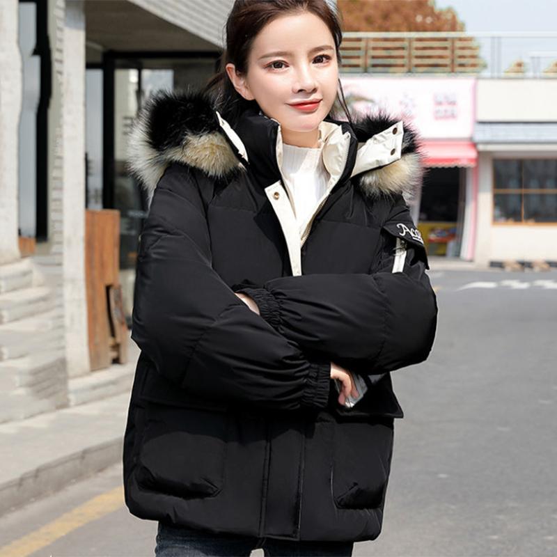 Women's Solid Color Down Jacket Regular Korean Loose Thick Coat Warm Cotton Coat Big Fur Collar Winter Clothes Quilted Coat