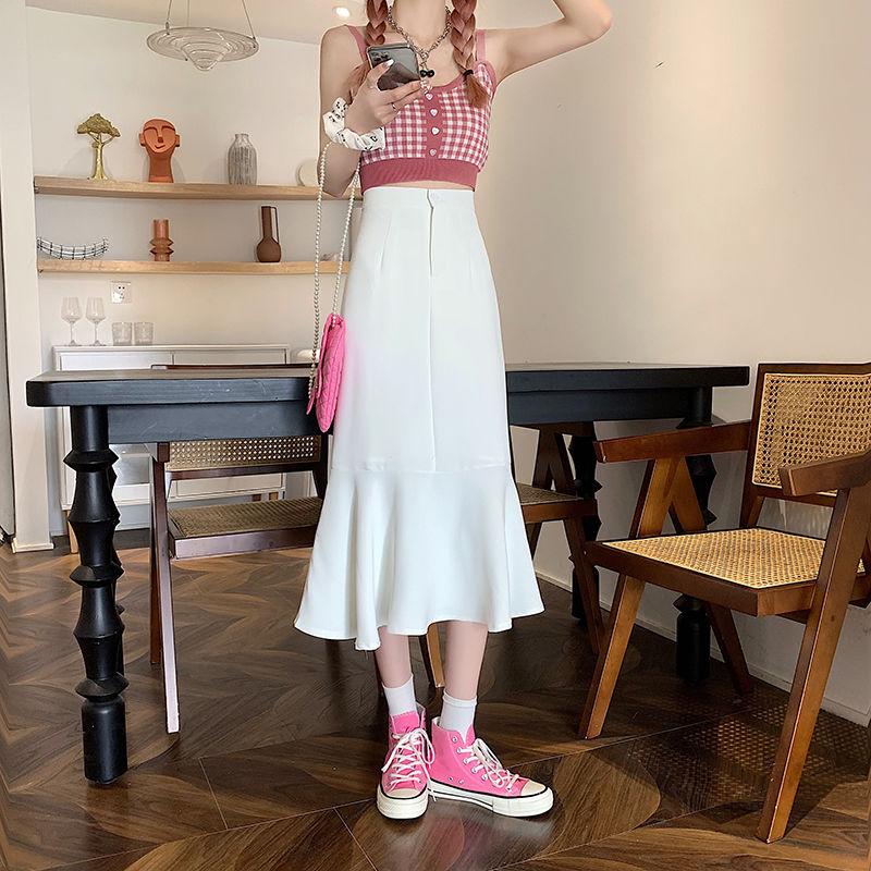 Ruffled Skirt Women's Summer High Waist Slim Mid-length A-line Skirt Solid Color Irregular Edge Fishtail Skirt
