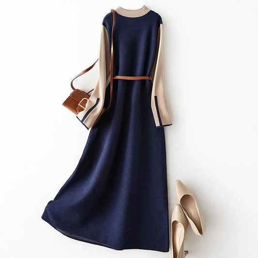 Waist Slimming Contrast Color Knitted Dress Spring and Autumn New Slim Temperament Simple A-line Mid-length Skirt