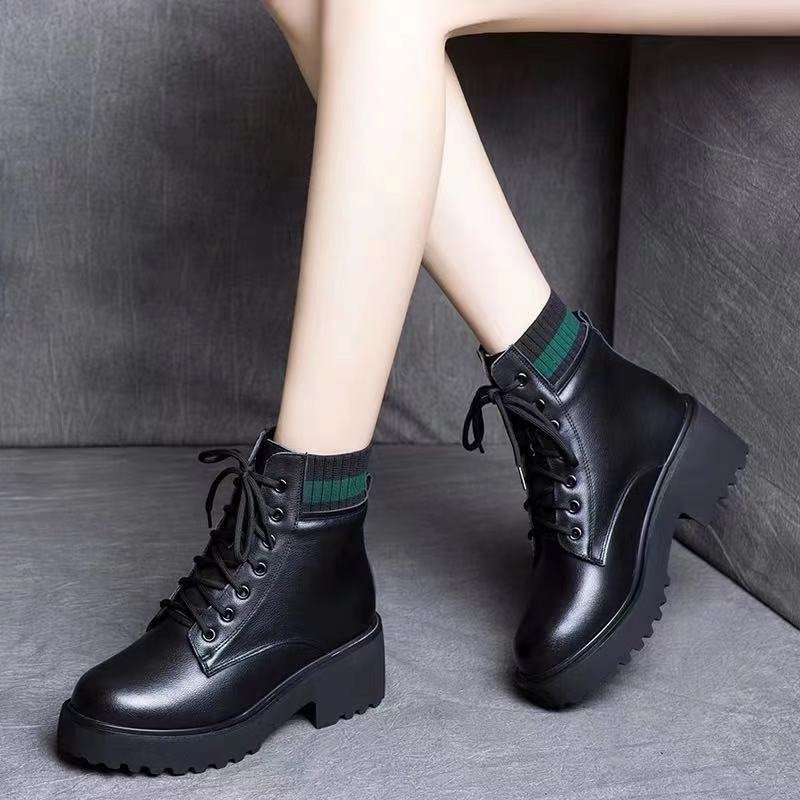 Martin Boots Women's Winter Plus Velvet Leather Mid-heel Shoes Women's Cotton Shoes Thick Heel Thick-soled British Style Short Boots Women