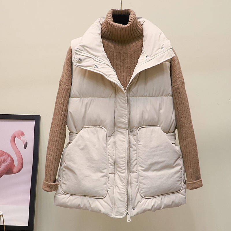 Autumn and Winter Korean Style Temperament Vest Solid Color Stand-up Collar Tie Coat Thickening Short Female Down Cotton Vest