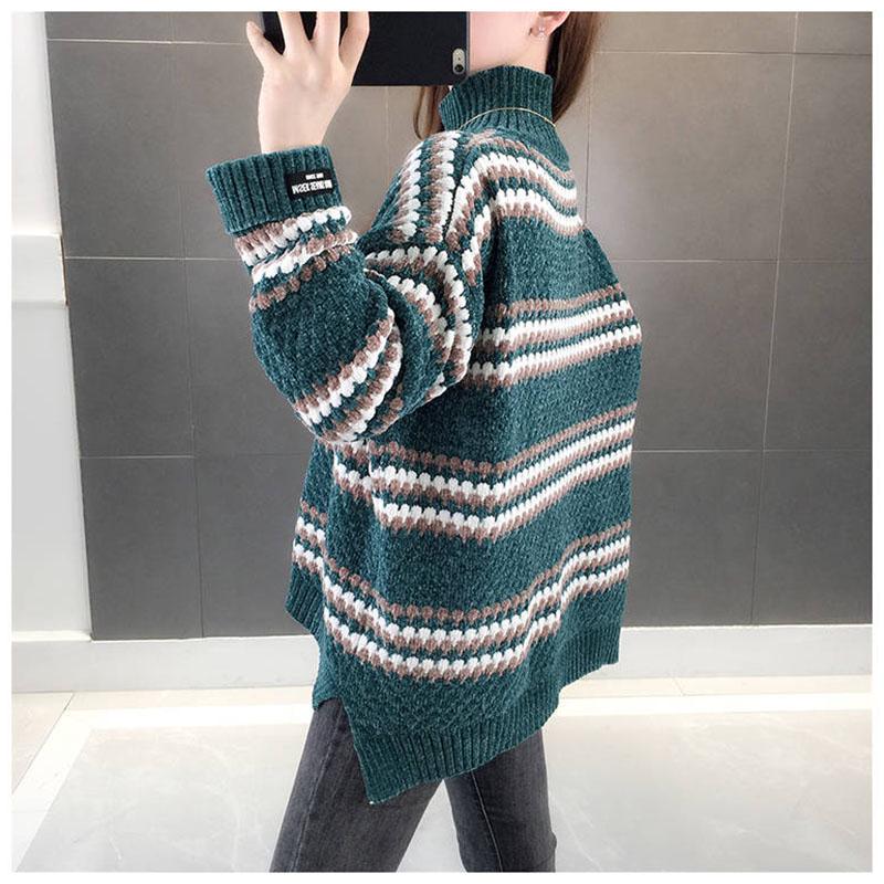 Pofulove Women stripe Turtleneck sweater pullover winter pleuche sweater Knit Long Sleeve jumper