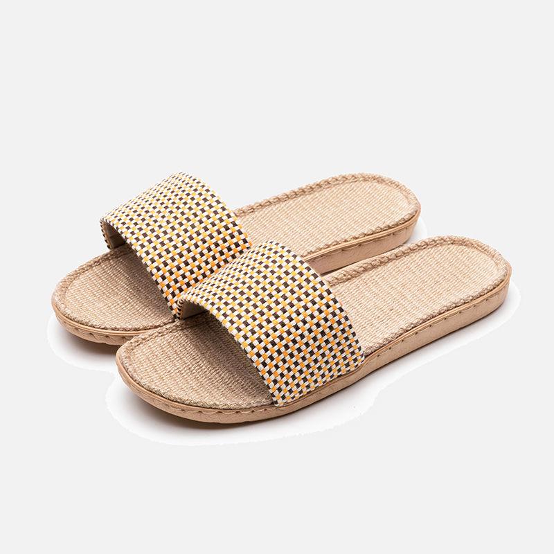 Summer Men and Women Couple Slippers Check Linen Slippers Sweat-absorbent Non-slip Ultra-light Sandals and Slippers Comfortable Home
