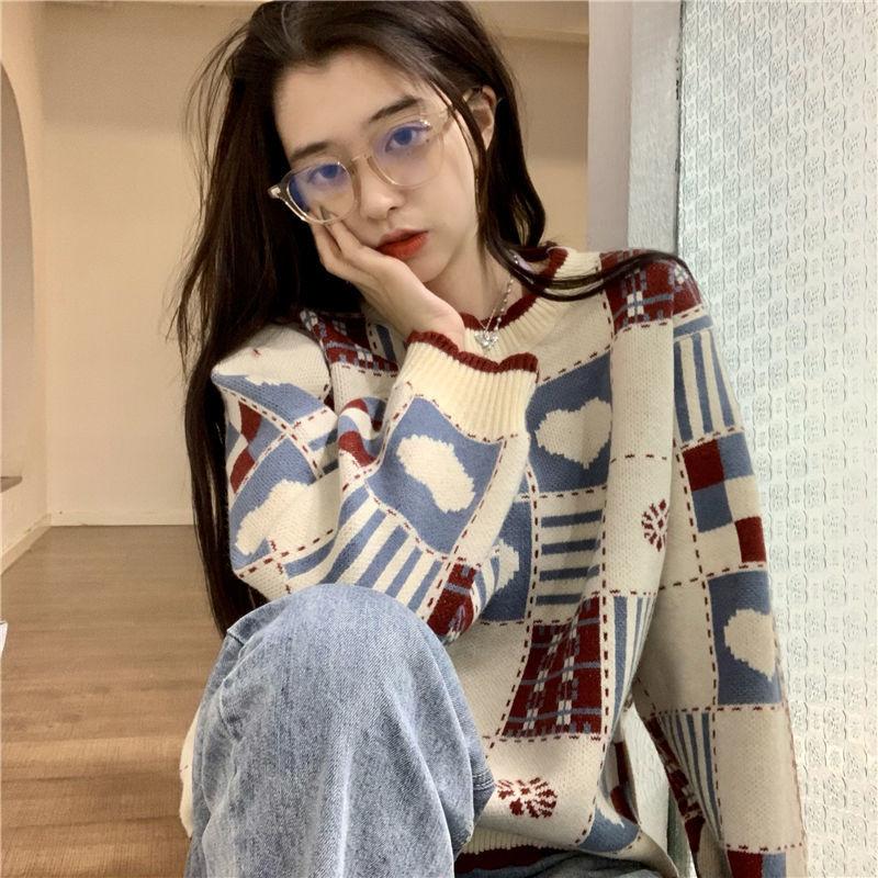 Autumn Winter  Women Fashion Sweater Casual Knitting Sweater Retro Round Neck Pullovers Loose Casual Long Sleeve Sweater