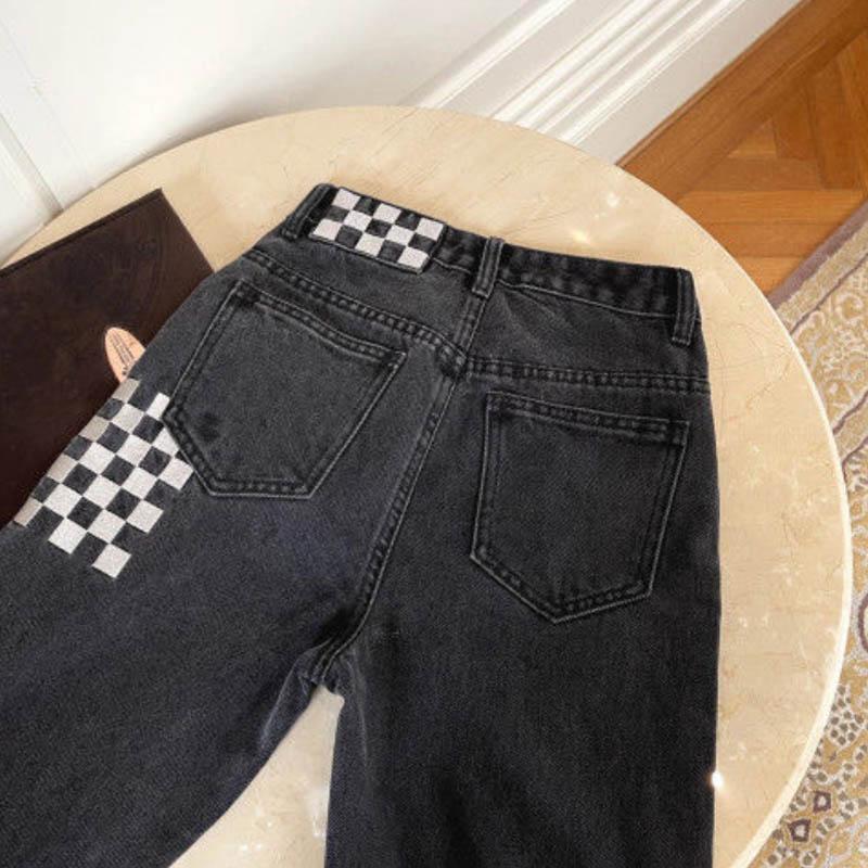 Autumn and Winter Embroidery Chessboard Grain Legs Full Points Must Be Slopes High Waist Slim Straight Micro-jeans Women