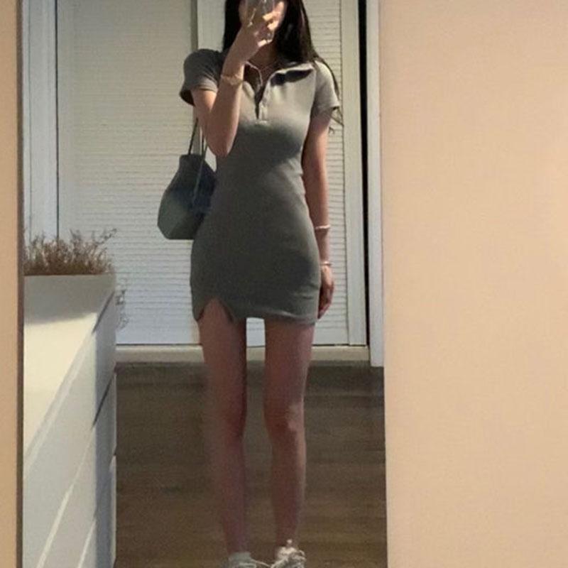Summer Woman Oblique Button Polo Collar Short Sleeve Dress For Girls