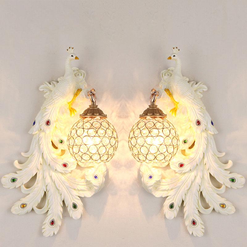 Retro peacock crystal LED wall lamp living room background bedroom bedside peacock phoenix wall lamp