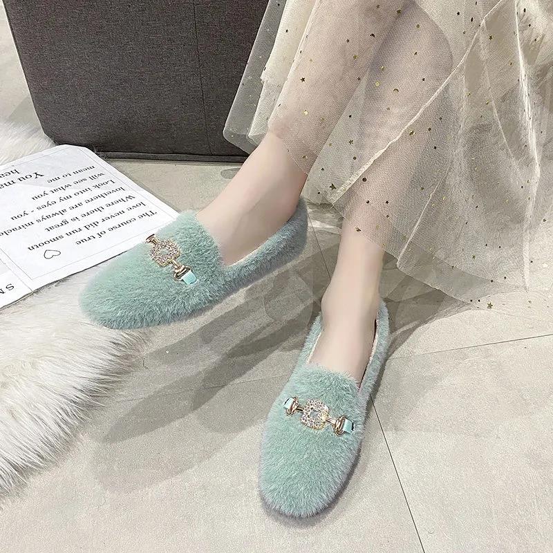 Temperament Women's Shoes Plus Velvet Winter All-match Flat-bottomed Thick-soled Cotton Shoes Thickened One-pedal Fur Shoes Moccasin Shoes