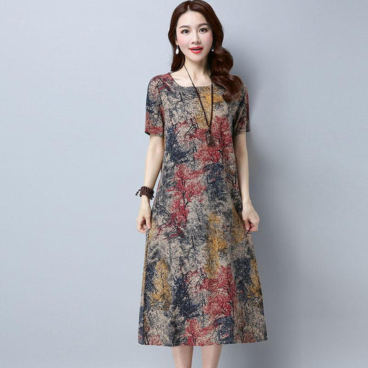 Round Neck Plus Size Loose Print Dress Short Sleeve Plus Size Women's Long Ethnic Style Long Sleeve Dress Loose Casualb