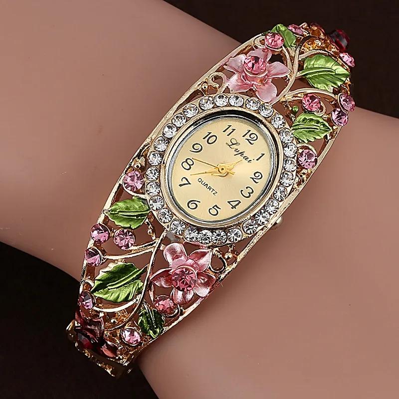Diamond Alloy Flower Women's Bracelet Watch Carved Rhinestone Bracelet Watches Retro All Match Wrist Watches