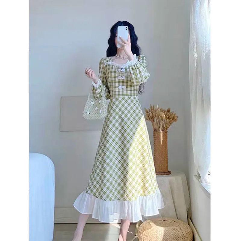 Mint Green Plaid Skirt Skirt Waist Slim French Retro Gentle Fairy Temperament Age-reducing Dress