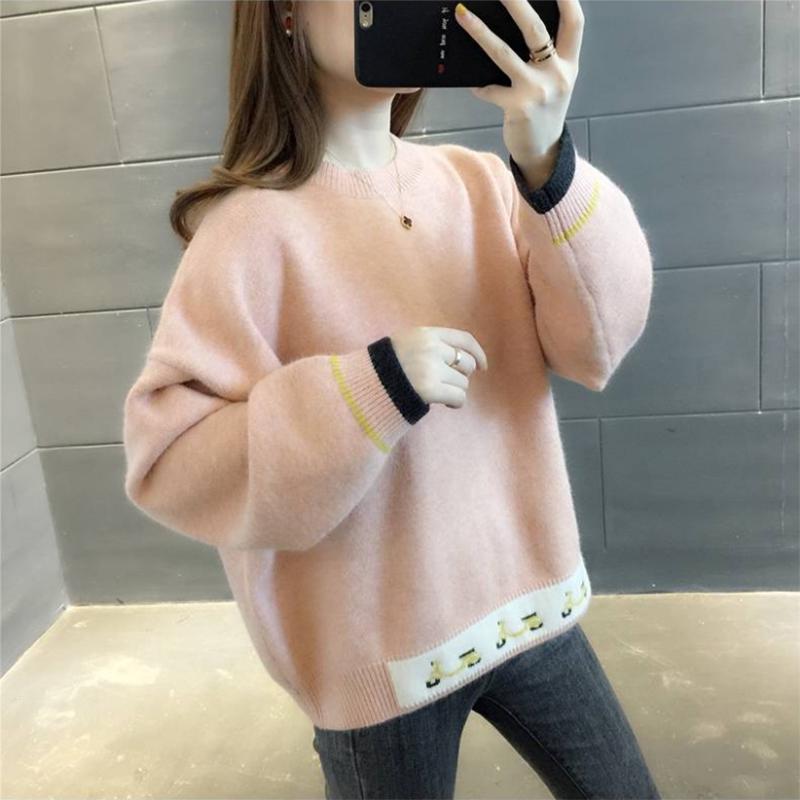 Autumn and Winter Womens Round Neck Color Matching Comfortable Loose Without Velvet Sweater