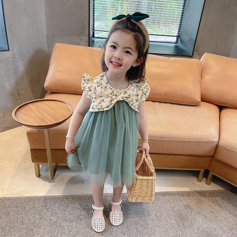Children Dress Girls Summer Dress Korean Princess Dress Mesh Dress Sleeveless Loose Floral Bow Ruffle Dress
