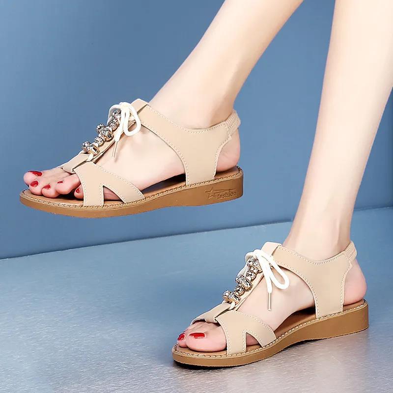 Sandals Female Summer Slope with Roman Rhinestone Flat Bottom All-match Beach Student Shoes Ladies Shoes Soft Leather Open Toe Sandals