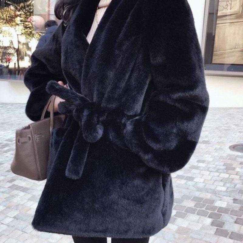Faux Fur Jacket Winter Fashion V-neck Thickening Warm Waist Mid-length Fur Coat Suitable for Women
