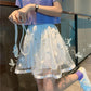 Female Simple High Waist Pleated Short Holiday Skirt Slim Elegant Vacation A-line Mesh Stitched Miniskirt