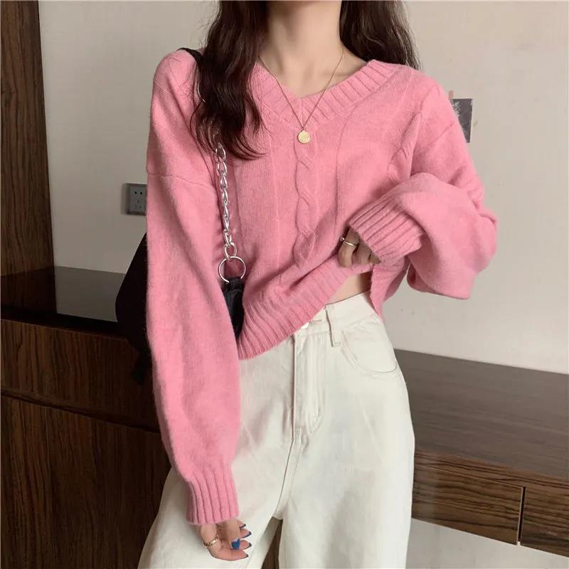 Sweater Women's Outer Wear Autumn and Winter V-neck Pullovers Lazy Inside with A Knitted Bottoming Shirt Top