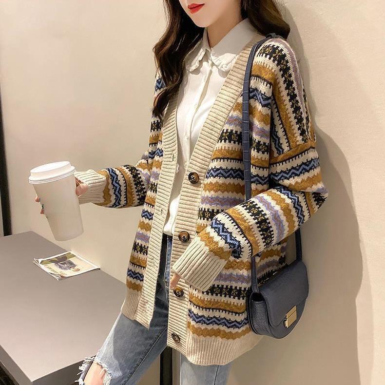 Retro Striped Knitted Cardigan Autumn and Winter Fashion Loose Sweater Plus Size Casual Jacket