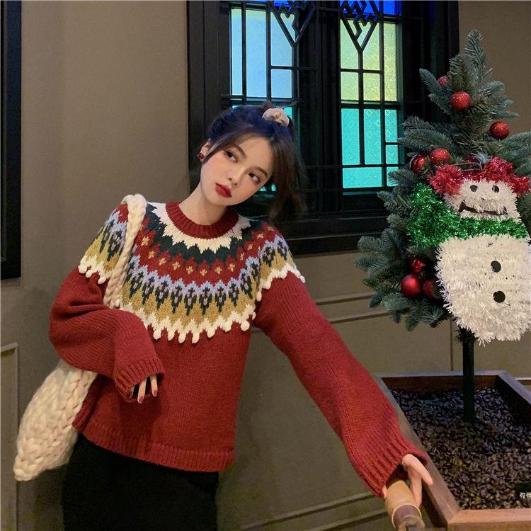 Autumn Winter Red Christmas Sweater Women Loose Snowflakes Printing Pullover Sweater Knitted Top Outwear