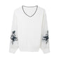 Women's Autumn/Winter Knitted Sweater Lace Mesh Embroidered Sleeves Sweater Printed V-neck Loose Knitted Sweater