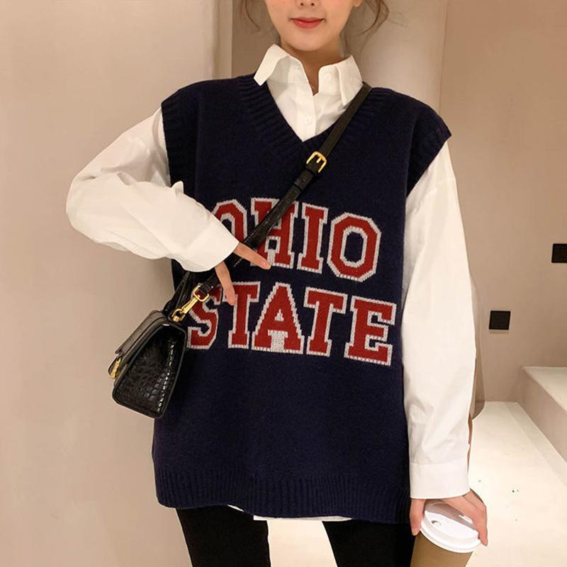Letter V-neck Knitted Waistcoat Female Autumn Korean Version Was Thin and Western Style Wild Sleeveless Waistcoat Waistcoat