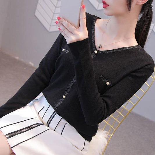 Long-sleeved V-neck Sweater Loose Thin Slim Slim Top All-match Fashion Base Sweater