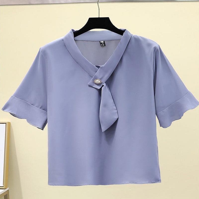 Summer Ladies Top Sleeve Shirt Chiffon Short Sleeve blouse V-neck Solid Color Breathable blouse
