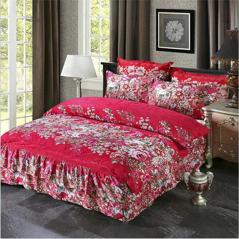 Bedding Set Queen Size Cotton Wedding Bed Dust Ruffle Bed Skirt Flower Plants King Doub