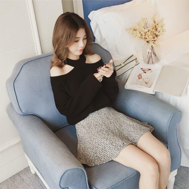 Sexy Hanging Neck Pullover Sweater Solid Color Casual Off shoulder Sweater Autumn Winter Korean Knitwear Long-sleeve Knitted Sweater Jacket Outer Wear