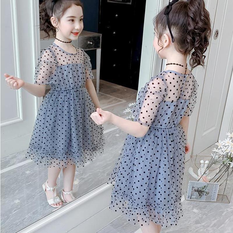 Children Dress Spring Summer Kids Clothing  Baby Girls Clothing Wave Point Short Sleeve Dress Girl Mesh Dress Ruffle