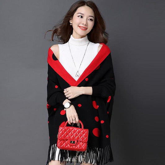 Autumn and Winter Knitted Sweater Mid-length Long-sleeved Color Matching Bat Shirt
