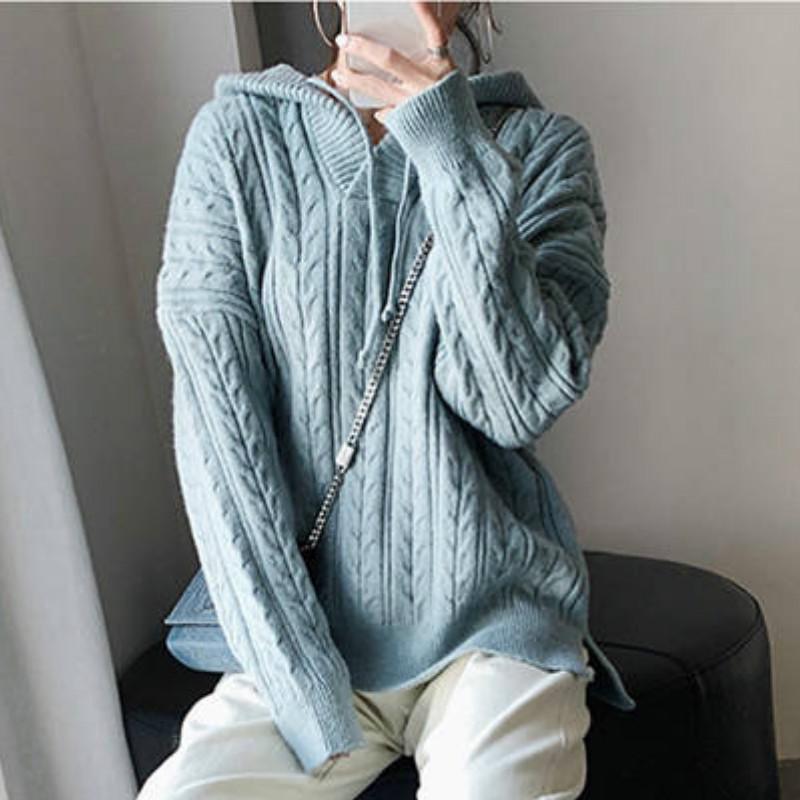 Pofulove Autumn Winter Solid Color Loose Korean Twist Hooded V-neck Sweater Women's Base Shirt