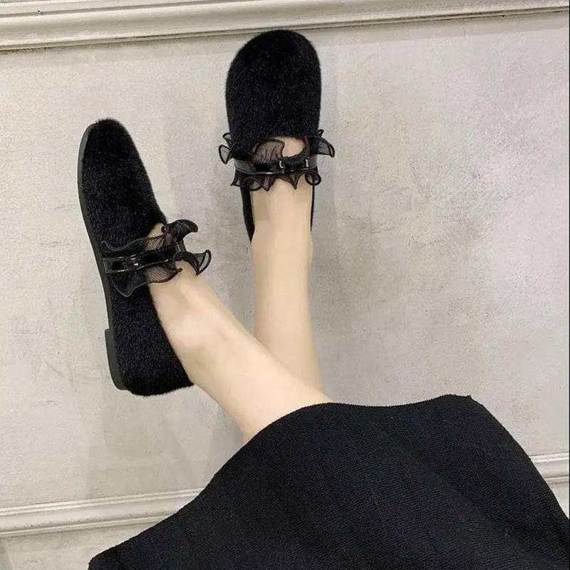Round Toe All-match Shallow Mouth Peas Shoes Flat Fur Shoes Soft Sole Single Shoes Women's Pedal Lazy Shoes Ladies Moccasin Shoes