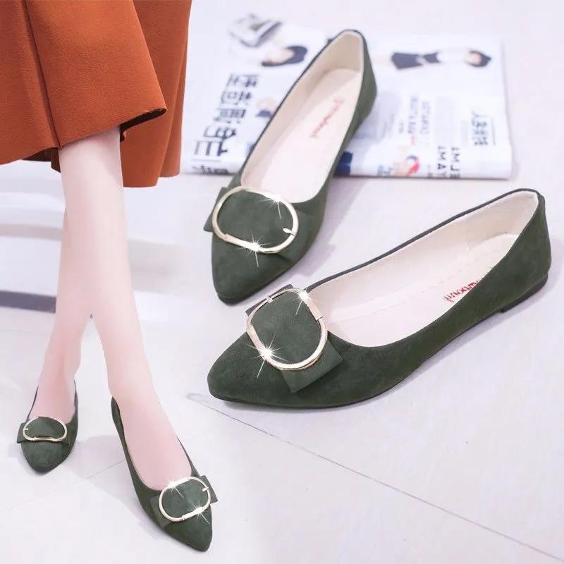 Pointed Toe Single Shoes All-match Square Buckle Women's Shoes Flat Heel Flat Shallow Mouth Comfortable Casual Women's Shoes Work Shoes